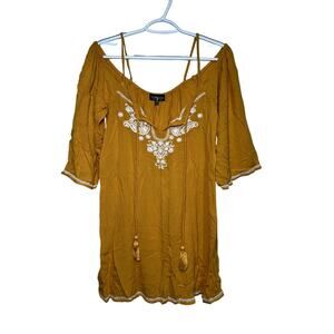 Topshop‎ boho chic embroidered mustard yellow mini dress womens 4-6 cottagecore